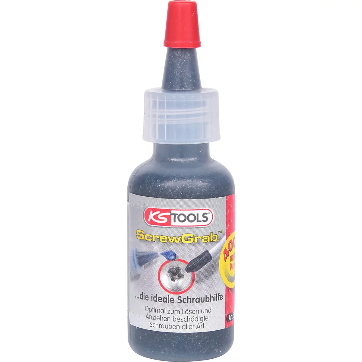 Een fles schroefdraadborgmiddel met een rode dop. Opschrift: KSTOOLS ScrewGrab. Tekst: De ideale schroefhulp.