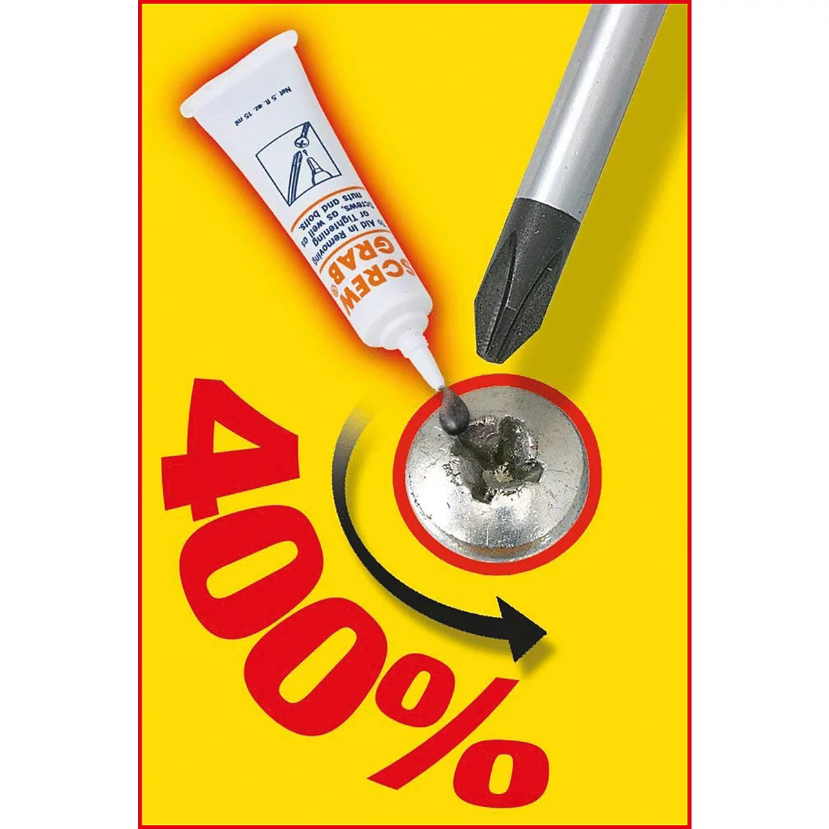 Tube schroefborgmiddel, schroef, schroevendraaier en de tekst 400% op een gele achtergrond.