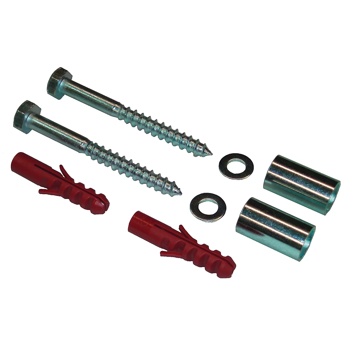 Two screws, two dowels, washers and sleeves, isolated on white background.