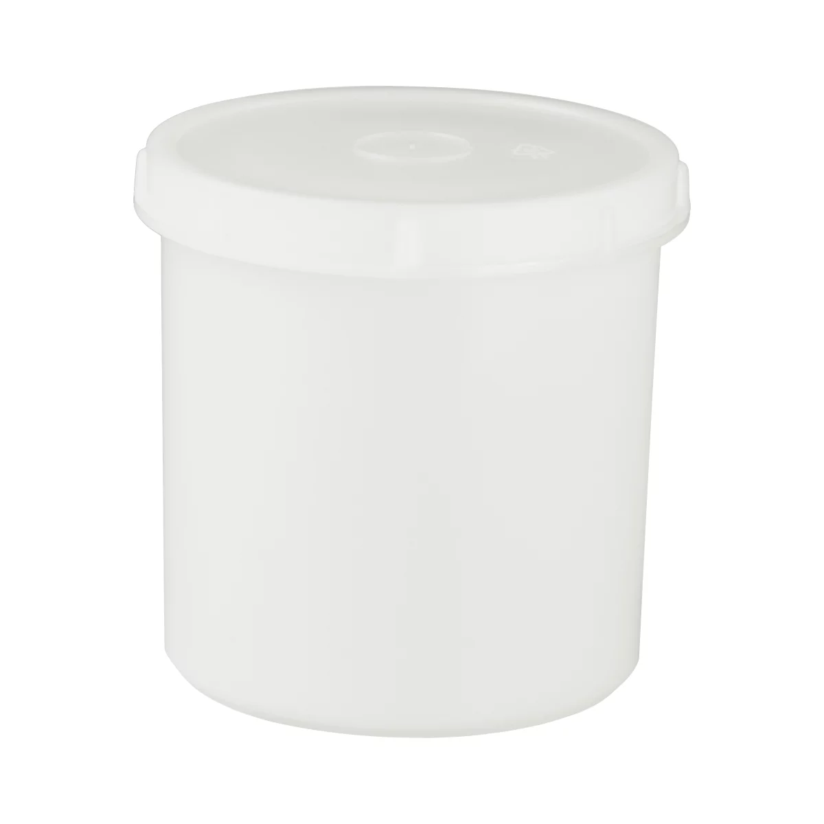A white, cylindrical container with a lid. The surfaces are smooth.