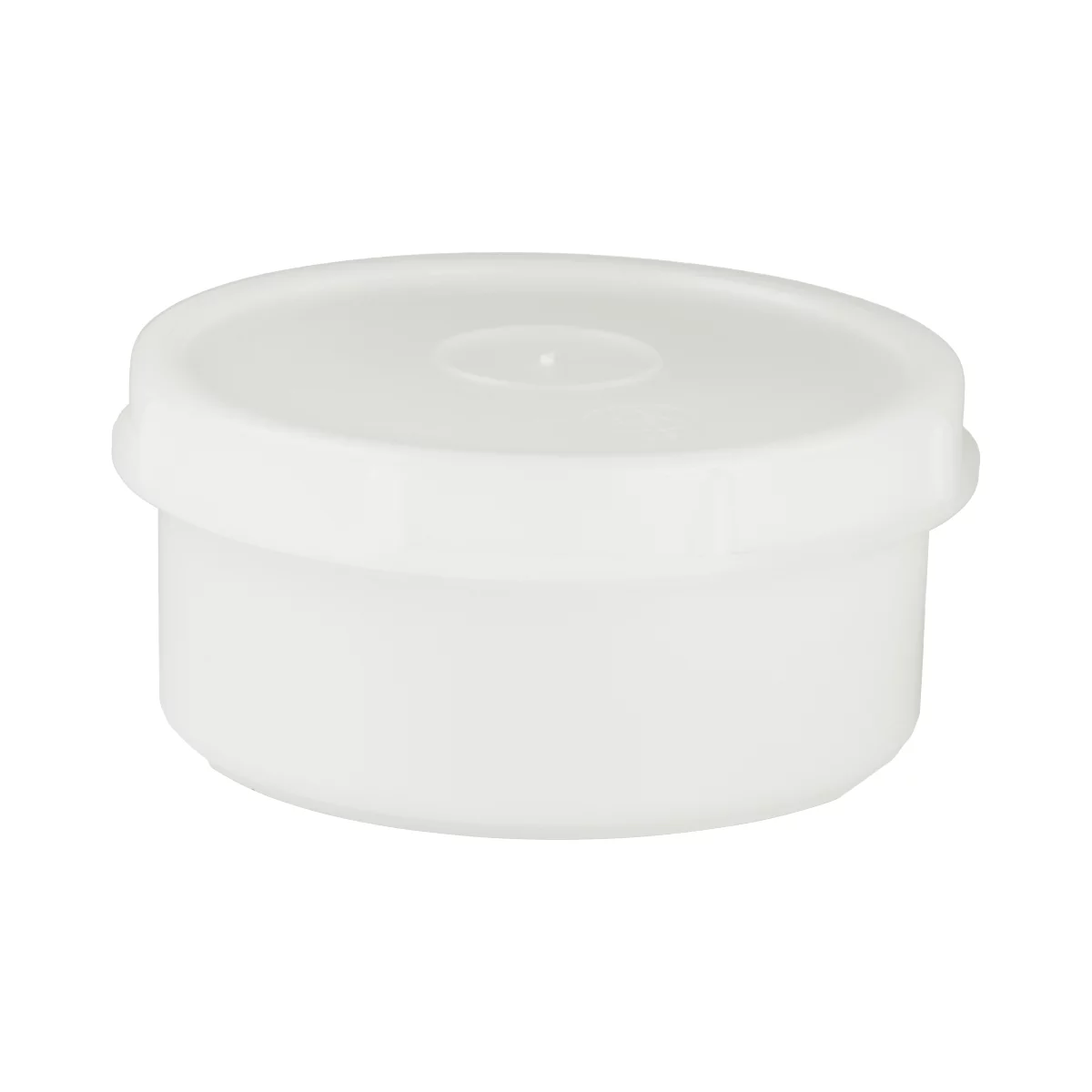 White, round container with lid, against a neutral background. The plastic container has a slightly rounded shape.