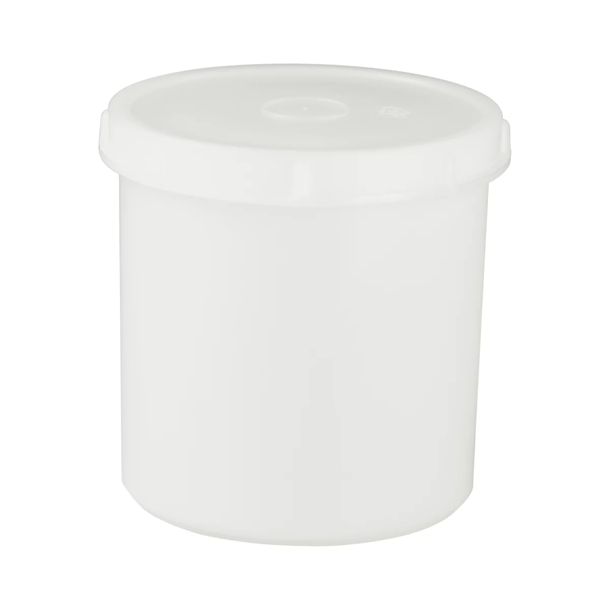 White, round container with lid. Plastic, smooth surface, neutral background.