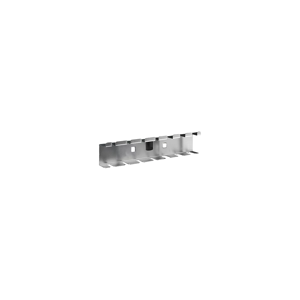 Metal holder with recesses and holders. The grey holder has a rectangular shape and some openings.
