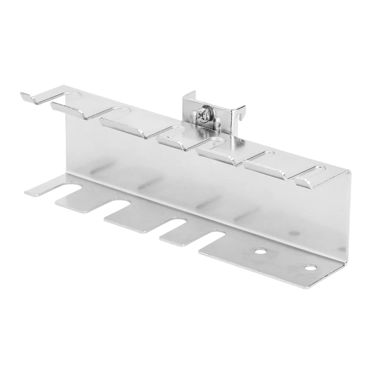 Metal bracket with multiple cutouts and a fastening element. The background is white.