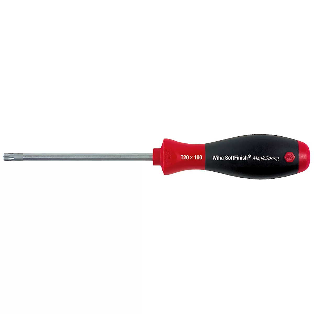 Screwdriver with red and black handle, T20x100 marking.