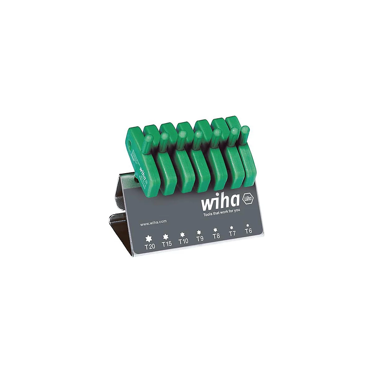 A set of green torx keys standing in a holder with the Wiha logo and size indications.