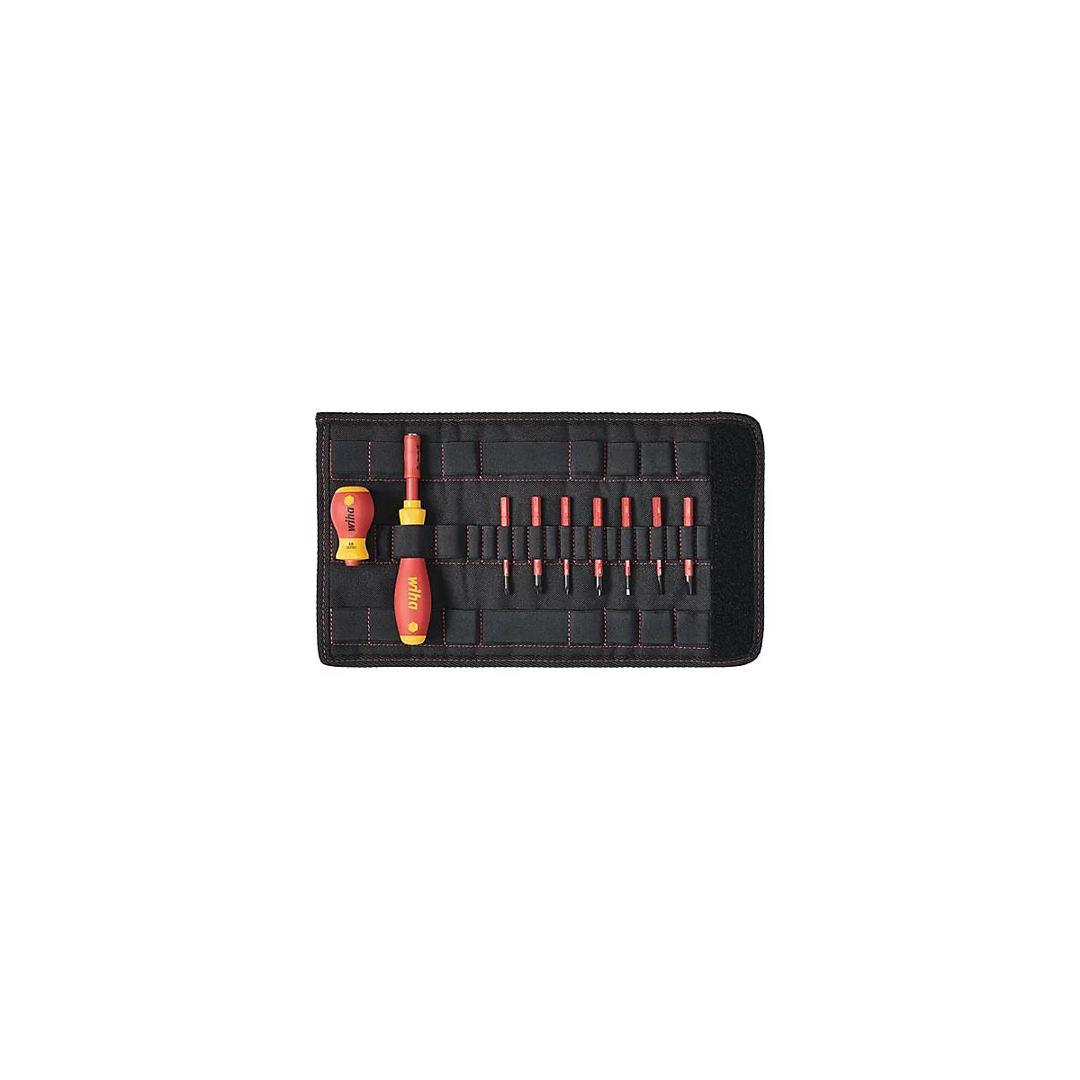 Screwdriver set in a black case, red and yellow handles. 'Wiha' logo.