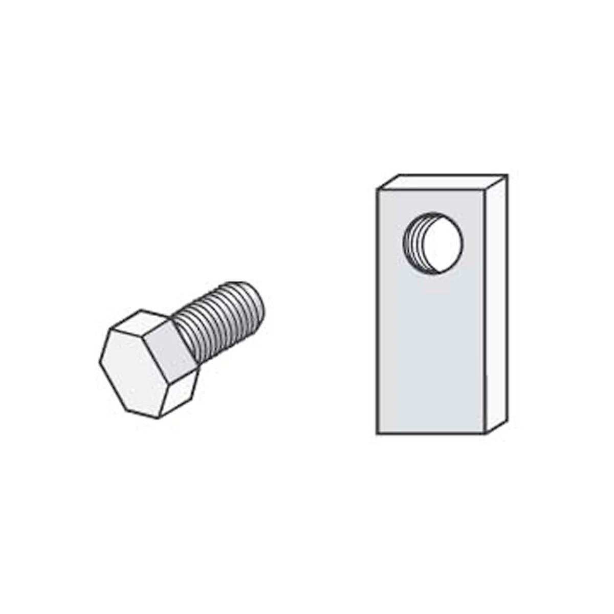 A screw and a perforated plate. The screw has a hexagonal head, the perforated plate has a round hole.