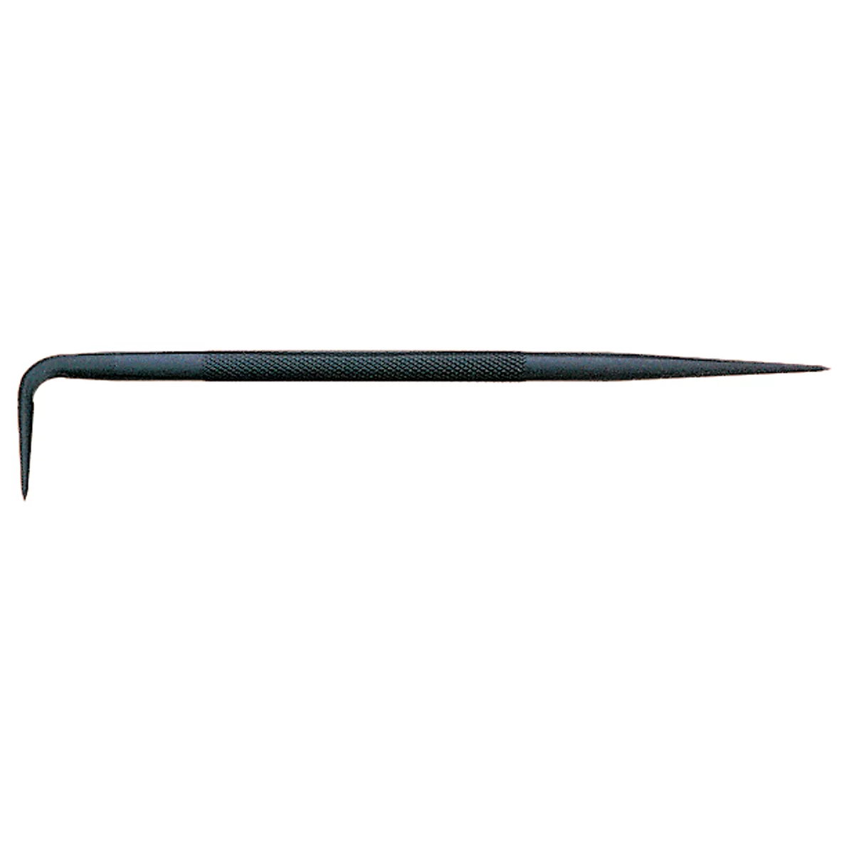 Black metal hook tool. Hook-shaped at one end, tapering to a point at the other.