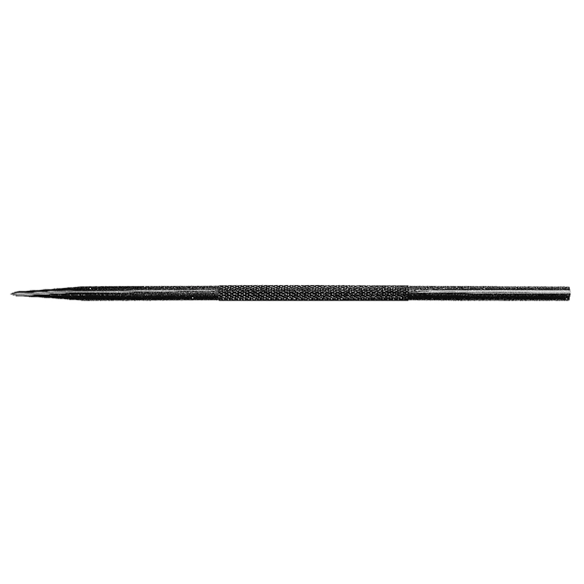 A black, elongated pen or similar writing instrument. The tip is pointed, the shaft cylindrical.