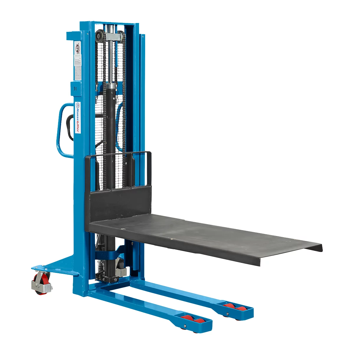 Blue manual forklift. The platform is black, the wheels are red, and the background is white.