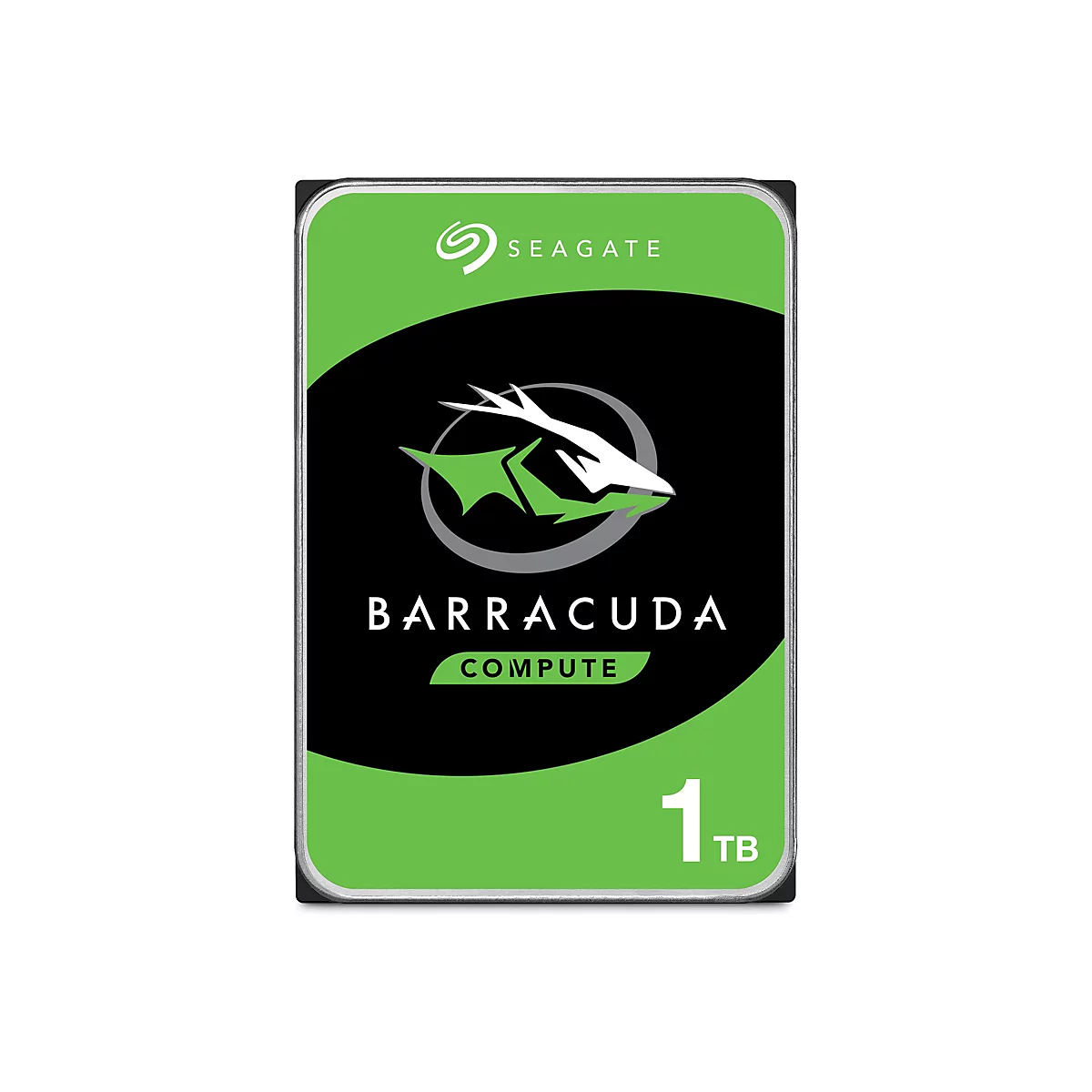 Festplatte von Seagate. Auf grün-schwarzem Hintergrund steht der Schriftzug "BARRACUDA COMPUTE 1TB". Oben links ist das Logo der Marke abgebildet.