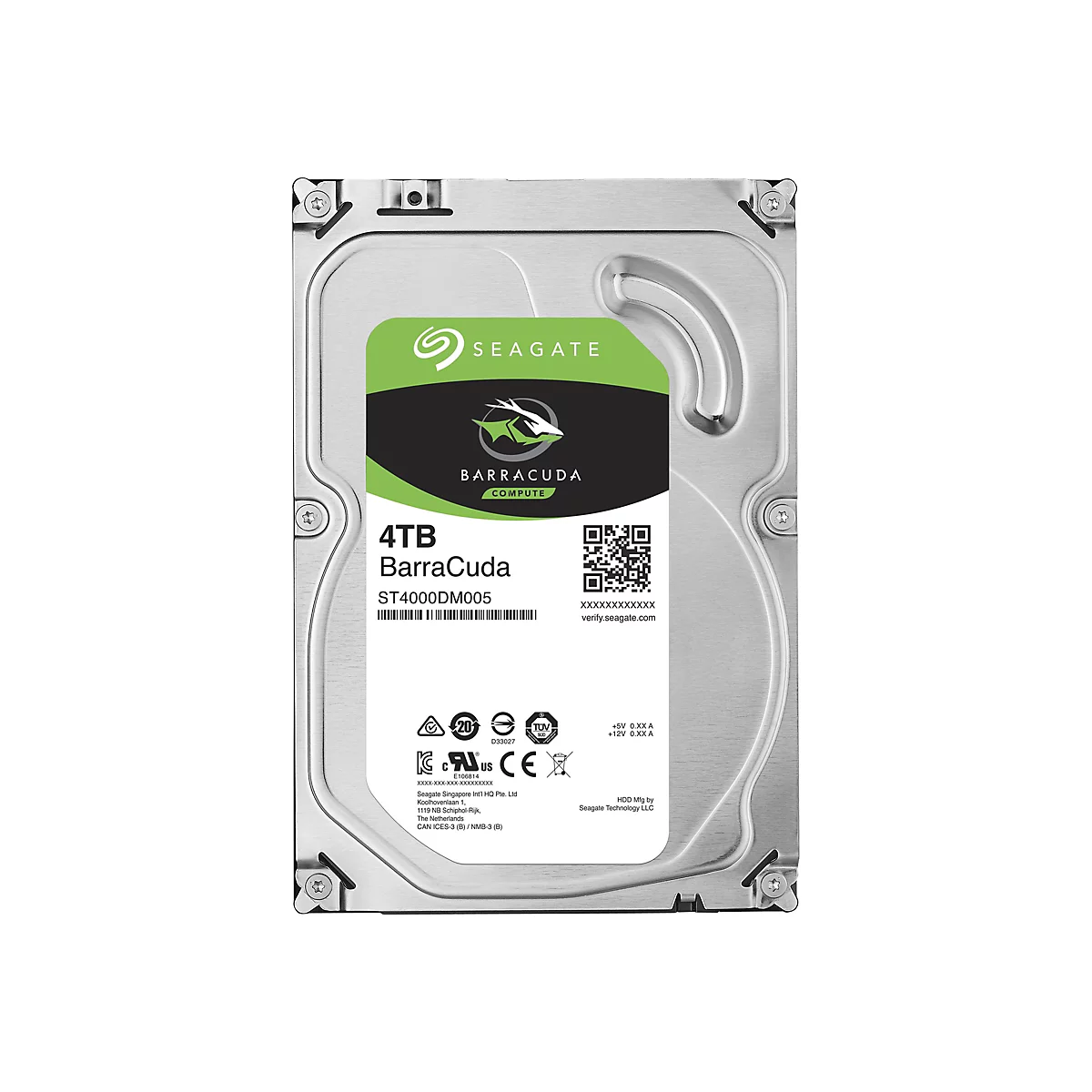 Eine Festplatte mit Metallgehäuse. Auf der grünen und schwarzen Oberfläche stehen "SEAGATE", "BarraCuda" und "4TB".