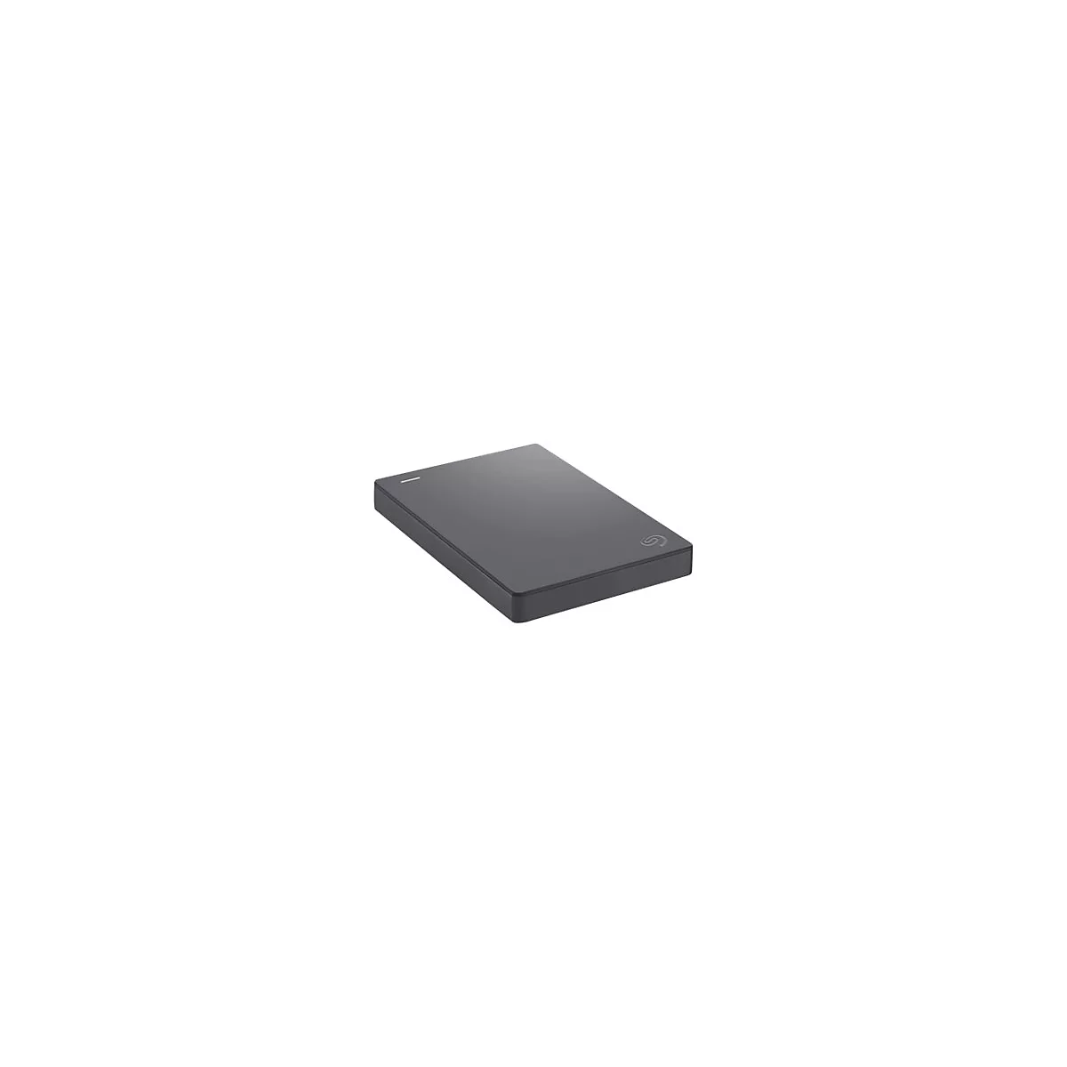 Disque dur externe rectangulaire gris foncé. Logo Seagate, indicateur lumineux.