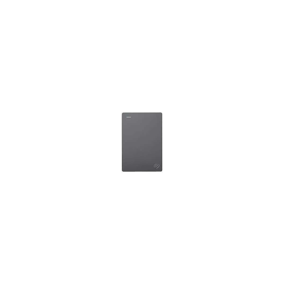 Disque dur externe gris foncé avec logo Seagate. Une bande blanche est en haut.