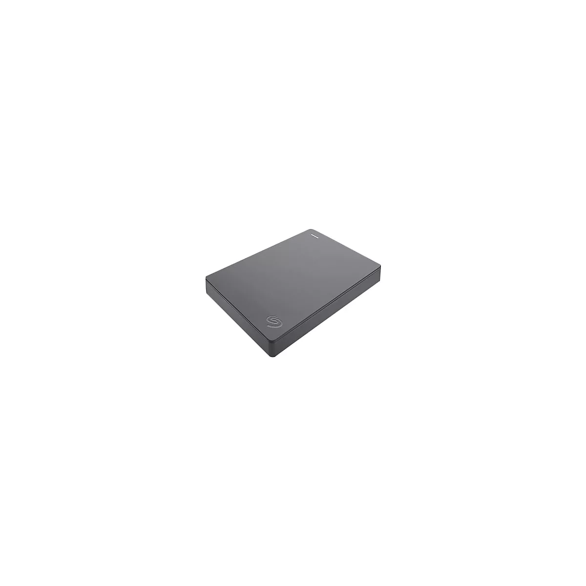 Disque dur externe gris foncé avec logo Seagate. Forme rectangulaire, coins arrondis, surface lisse. Petite LED sur le dessus.