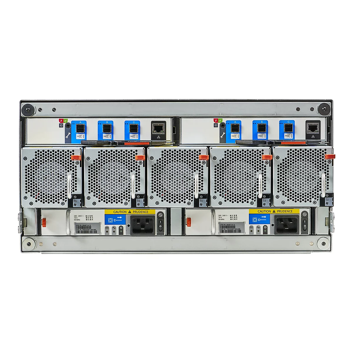 Mehrere Server-Hardware-Module vor weißem Hintergrund. Jedes Modul hat Lüfter, Anschlüsse und ein Bedienfeld mit Warnhinweisen.