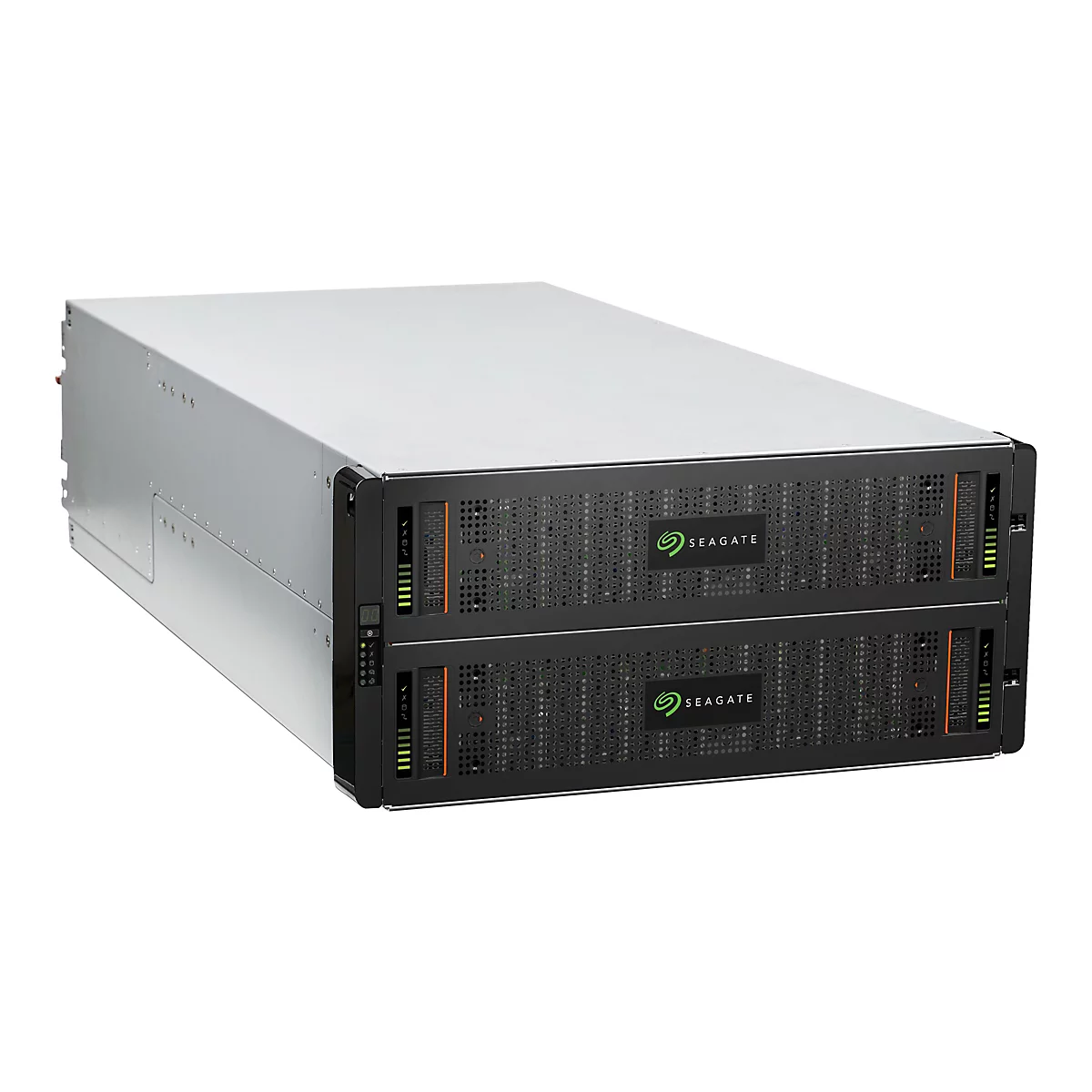 Ein silber-schwarzes Server-Rack von Seagate. Zwei übereinander angeordnete Module mit dem Seagate-Logo.