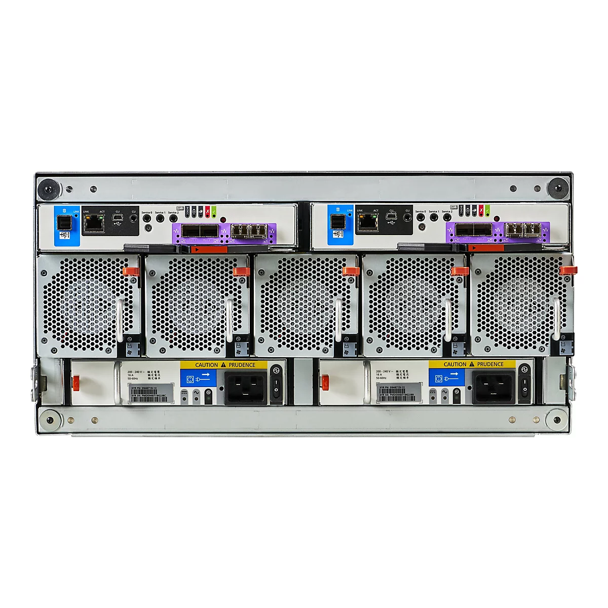 Ein Server-Rack mit vier Ebenen. Jede Ebene besteht aus einem Gehäuse mit Lüftern, Steckplätzen und Anschlüssen. Die Farben sind vorwiegend Grau und Schwarz mit Akzenten in Blau, Lila und Orange. Es gibt Warnhinweise und technische Daten auf den Gehäusen.