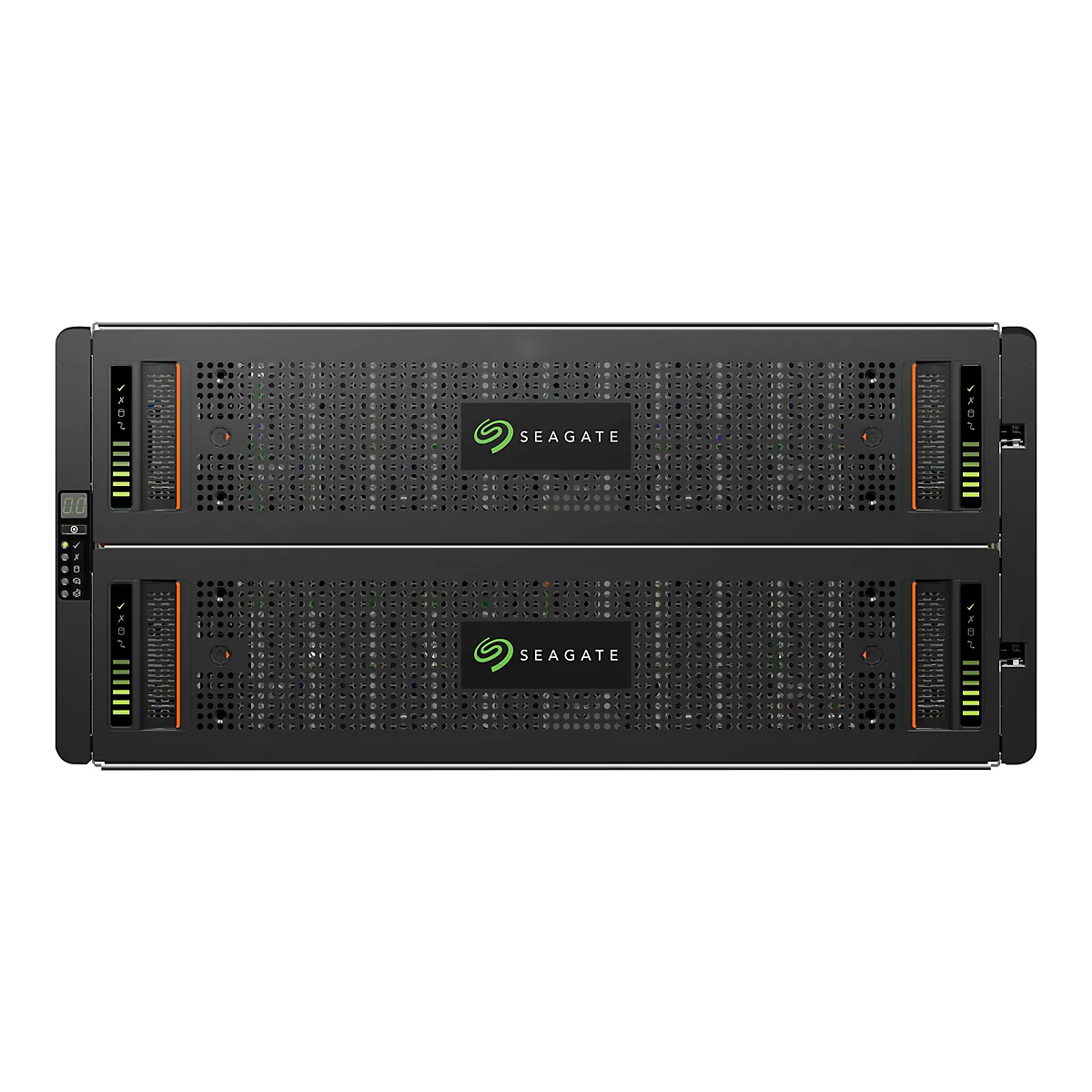 Schwarzes Server-Rack von Seagate. Es zeigt zwei übereinander angeordnete Einheiten mit Logos, Belüftungslöchern und Bedienfeldern.