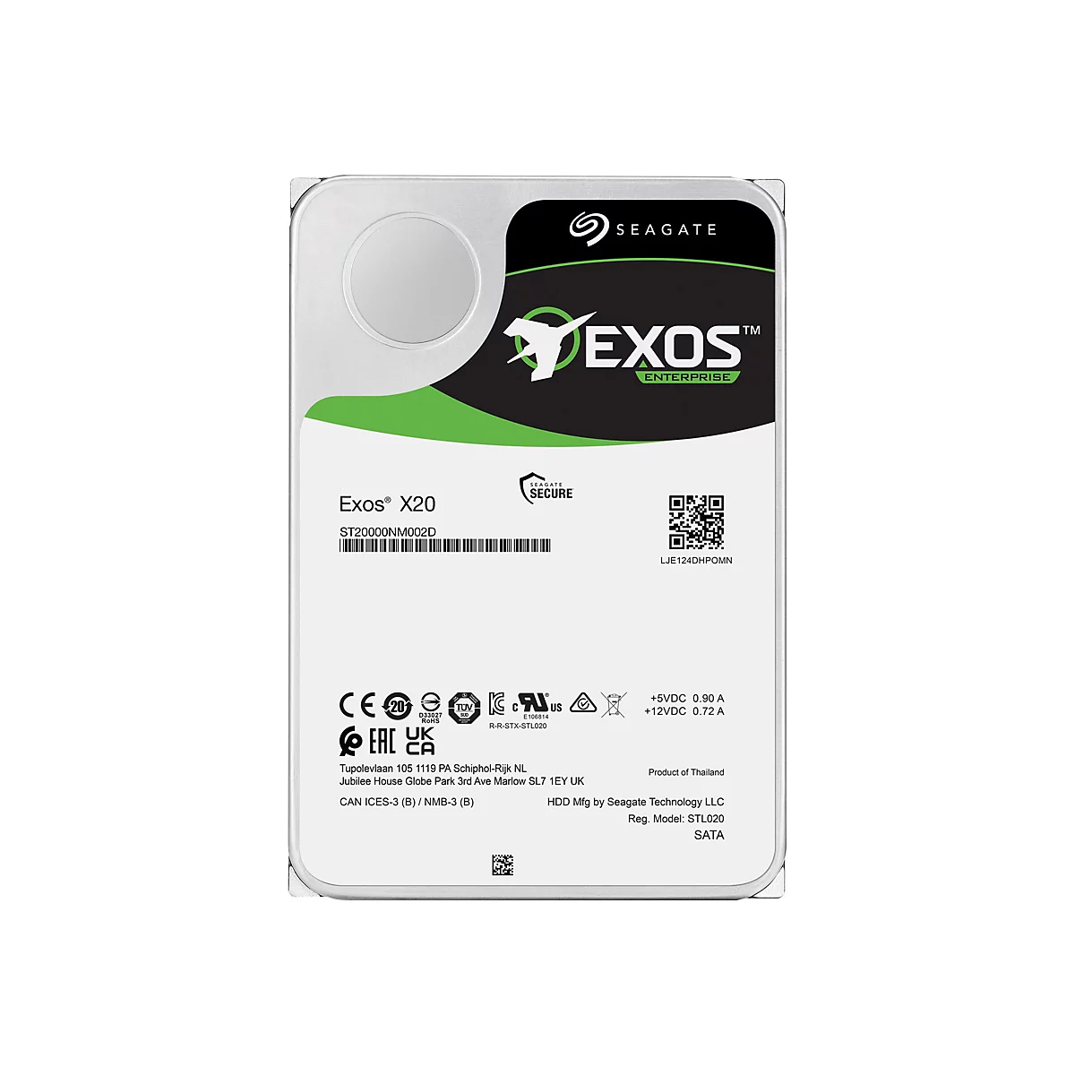 Festplatte Seagate Exos X20 mit schwarzem und grünem Design. Aufschrift Seagate, Exos Enterprise, Modellbezeichnung und Logos.