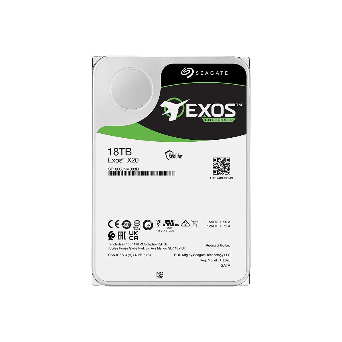 Eine Festplatte mit dem Seagate Exos-Logo und der Aufschrift 18TB. Die Festplatte ist in Grau und Schwarz gehalten.