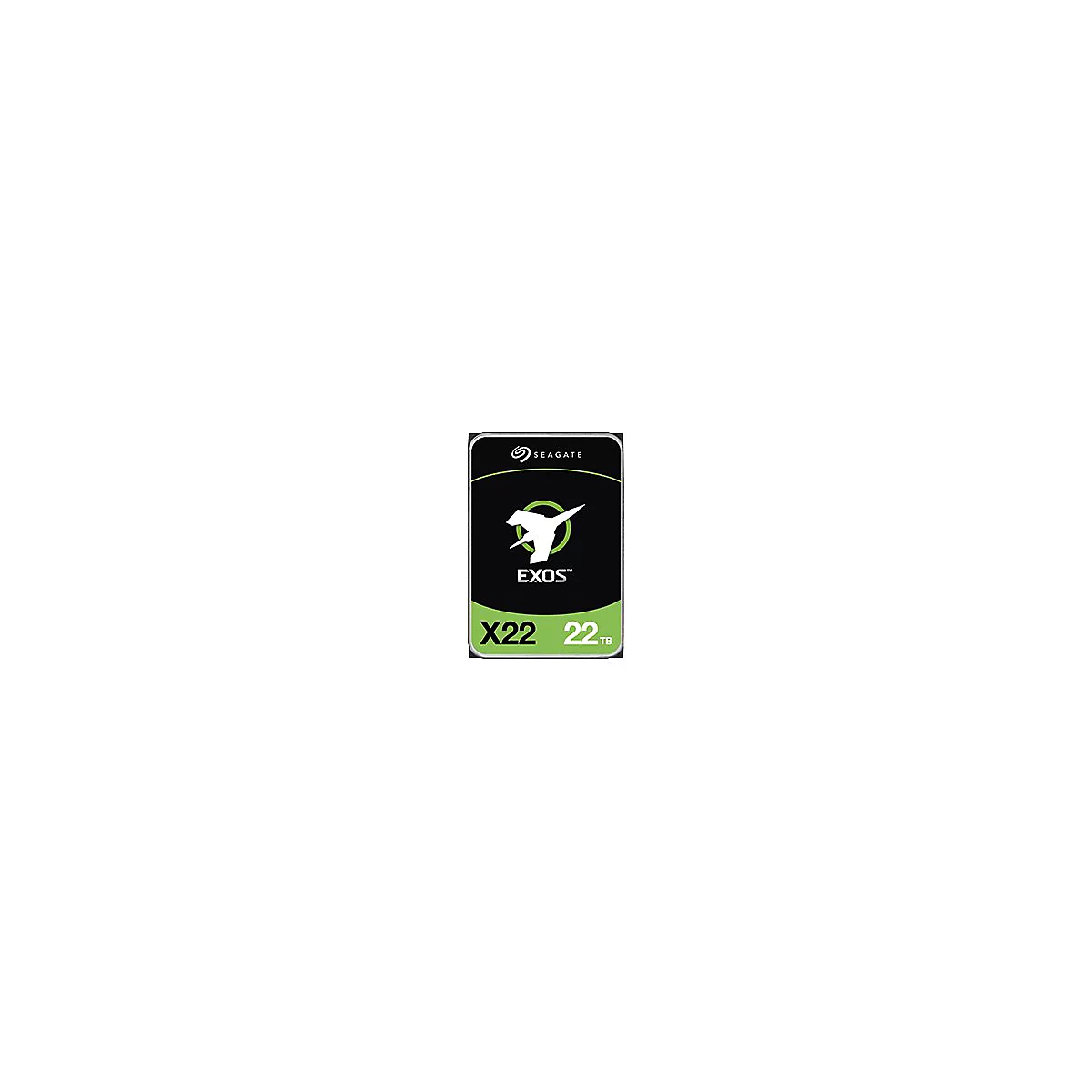 Festplatte Seagate Exos X22, 22TB. Aufschrift: EXOS, X22, 22TB. Logo mit Flugzeug.