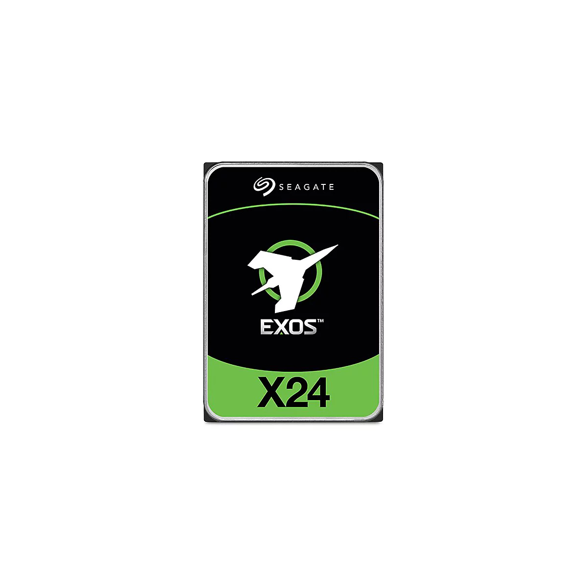 Disque dur Seagate Exos X24, noir avec des accents verts et logo.