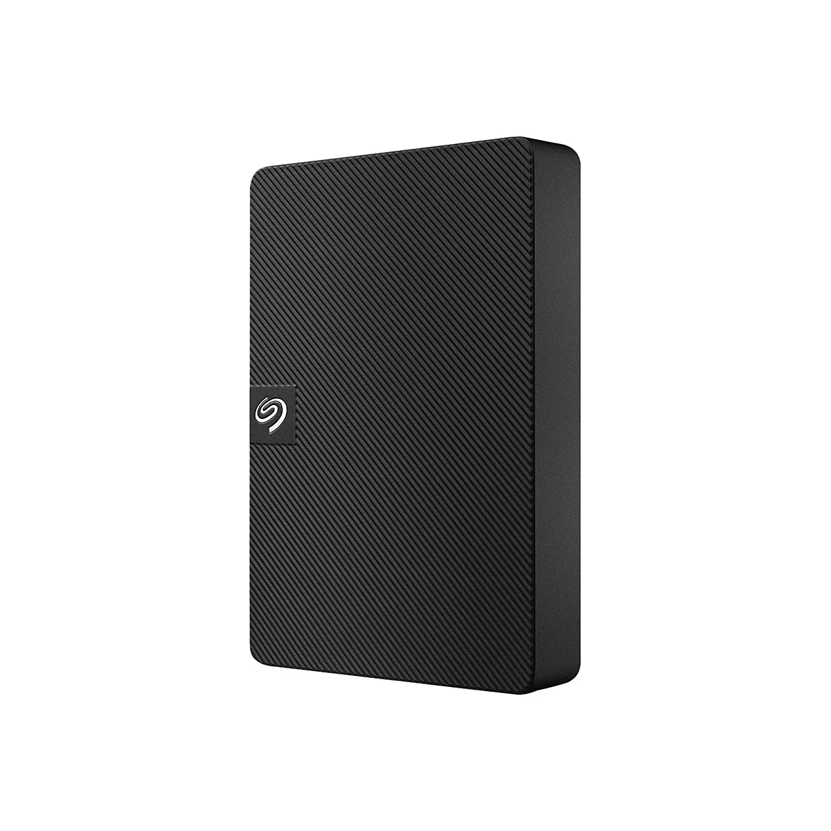 Disque dur externe noir avec une surface nervurée et le logo Seagate.