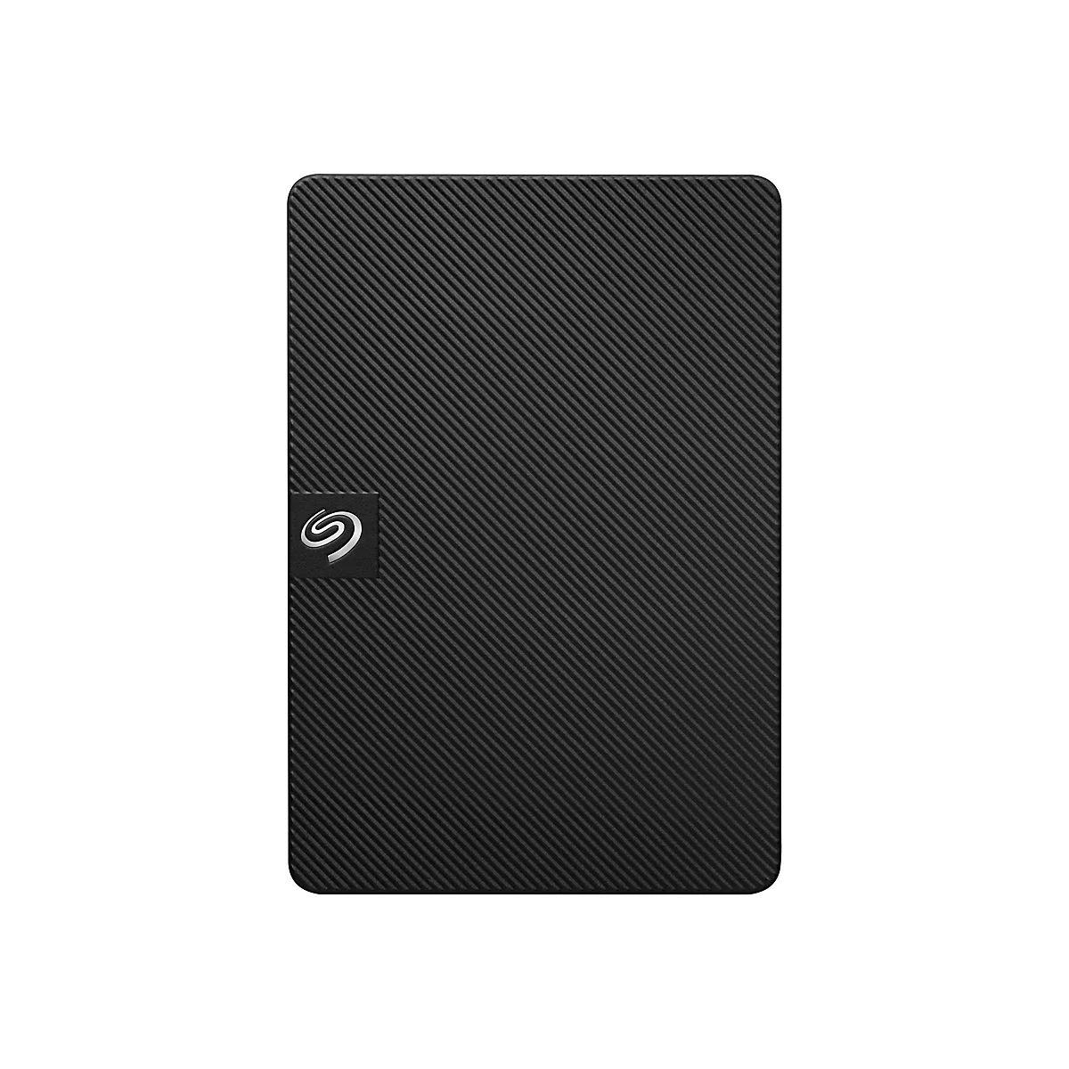 Schwarze Festplatte mit strukturiertem Muster und Seagate-Logo.