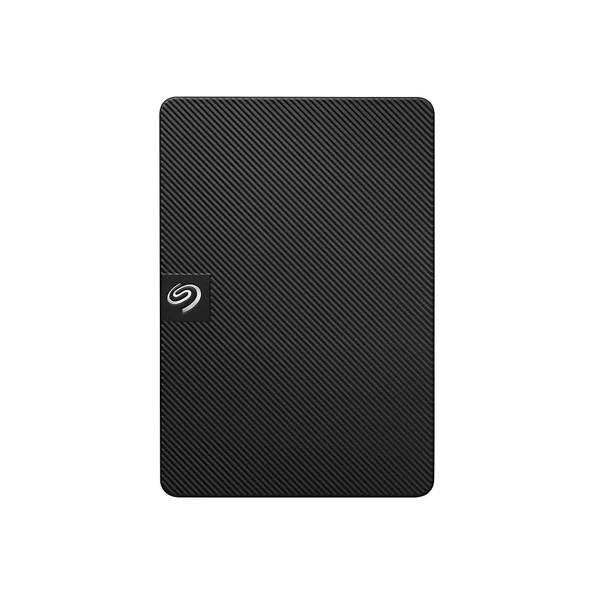 Schwarze externe Festplatte mit geriffelter Oberfläche und Seagate-Logo.