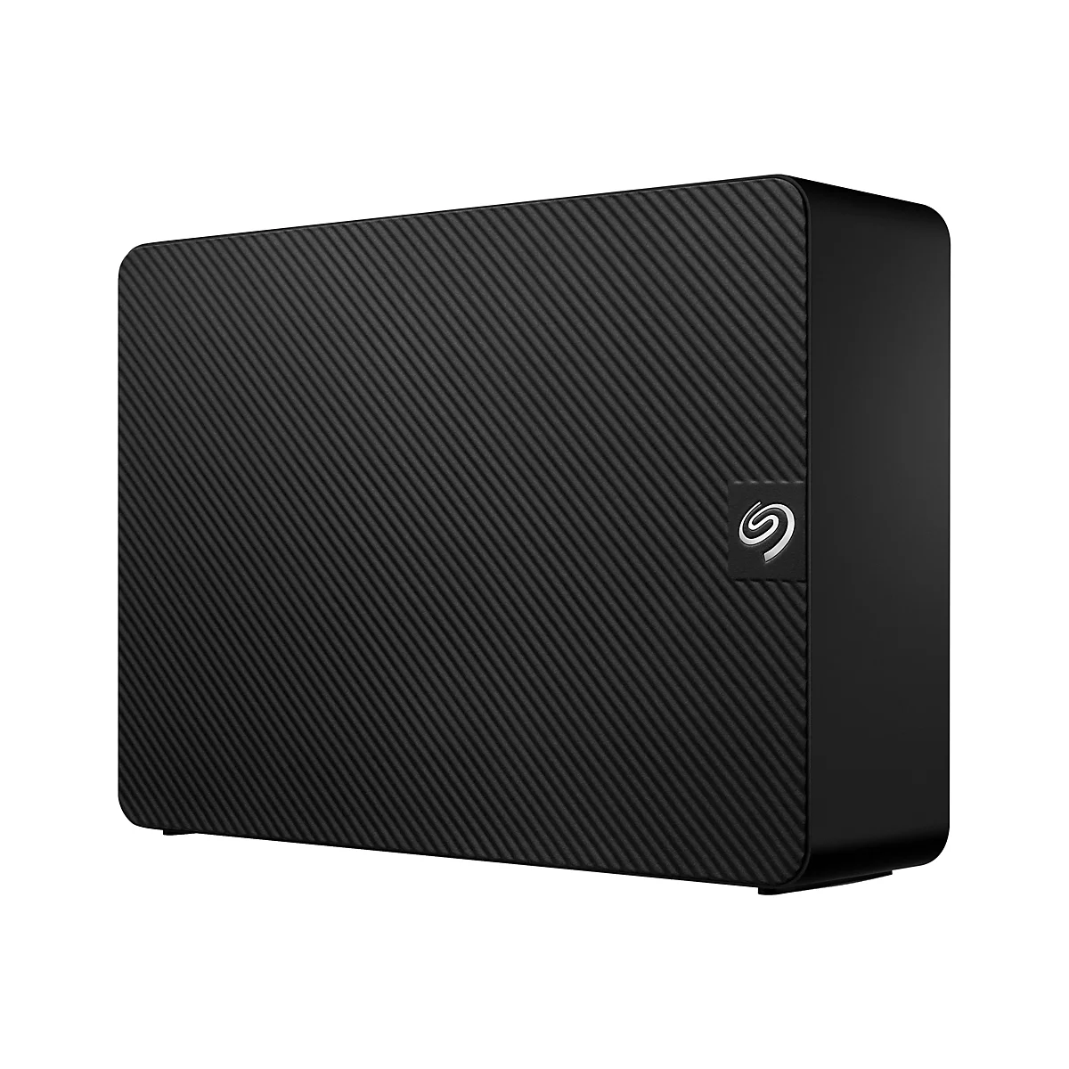 Disque dur externe noir avec une surface texturée. Un logo est apposé sur le côté.