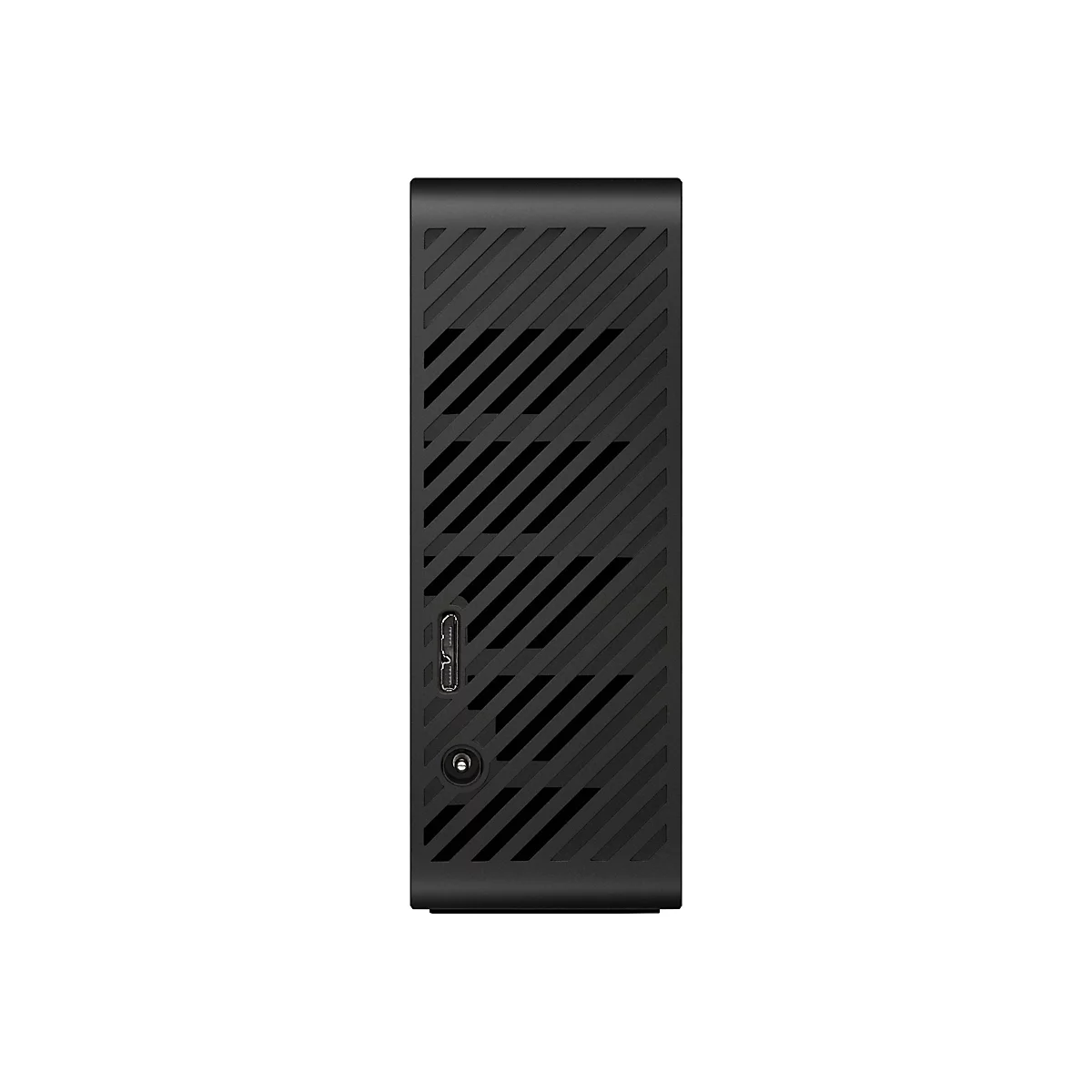 Un appareil noir et rectangulaire avec une surface diagonale et nervurée. Il y a des ports sur un côté.