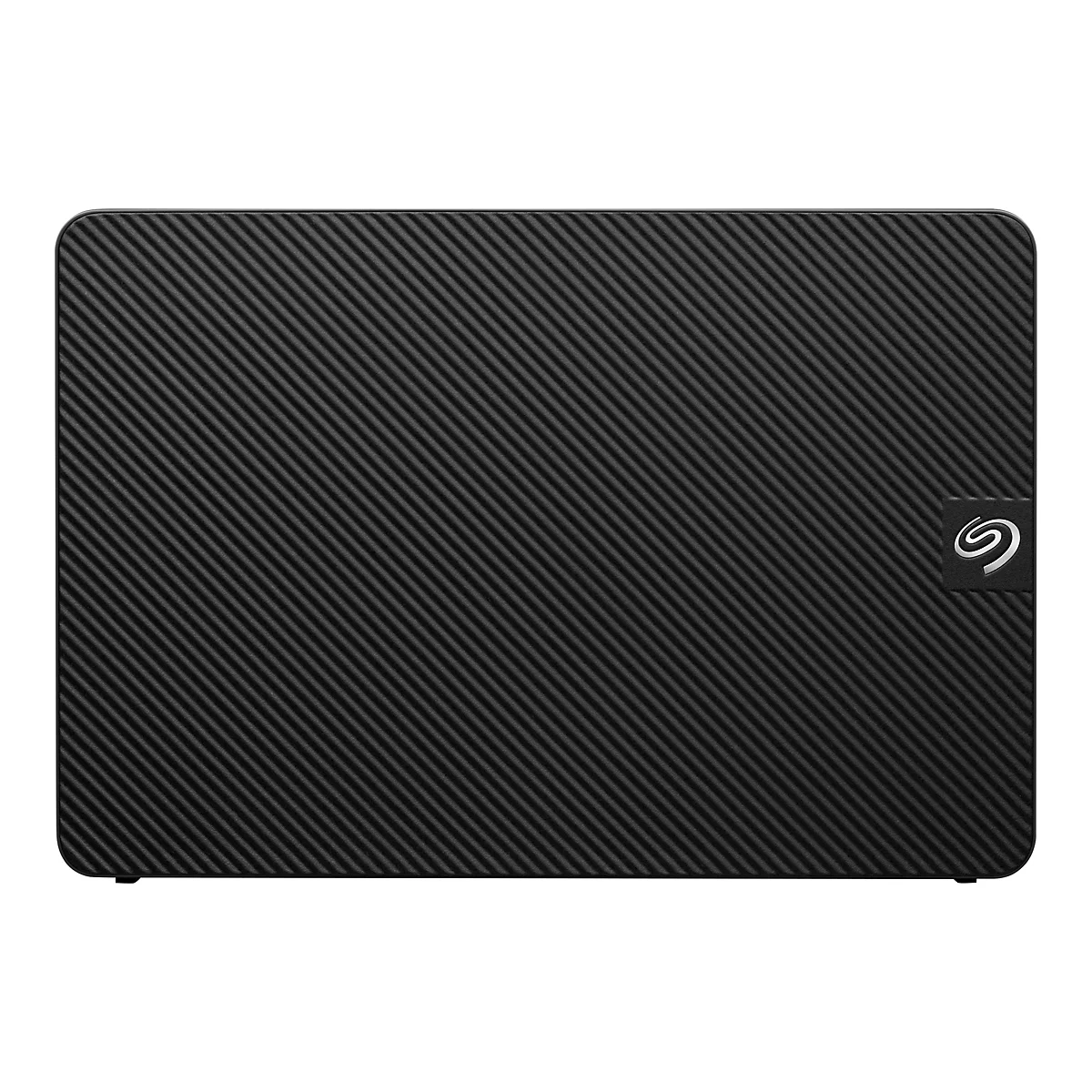 Schwarze, rechteckige Festplatte mit diagonalen Linien, Seagate-Logo rechts unten.