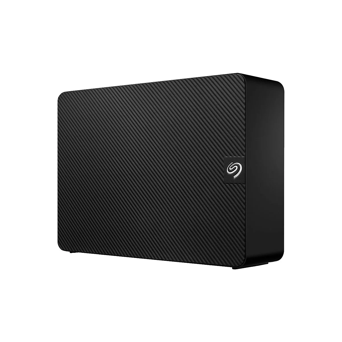 Disque dur externe noir avec logo Seagate. La surface présente un motif diagonal.