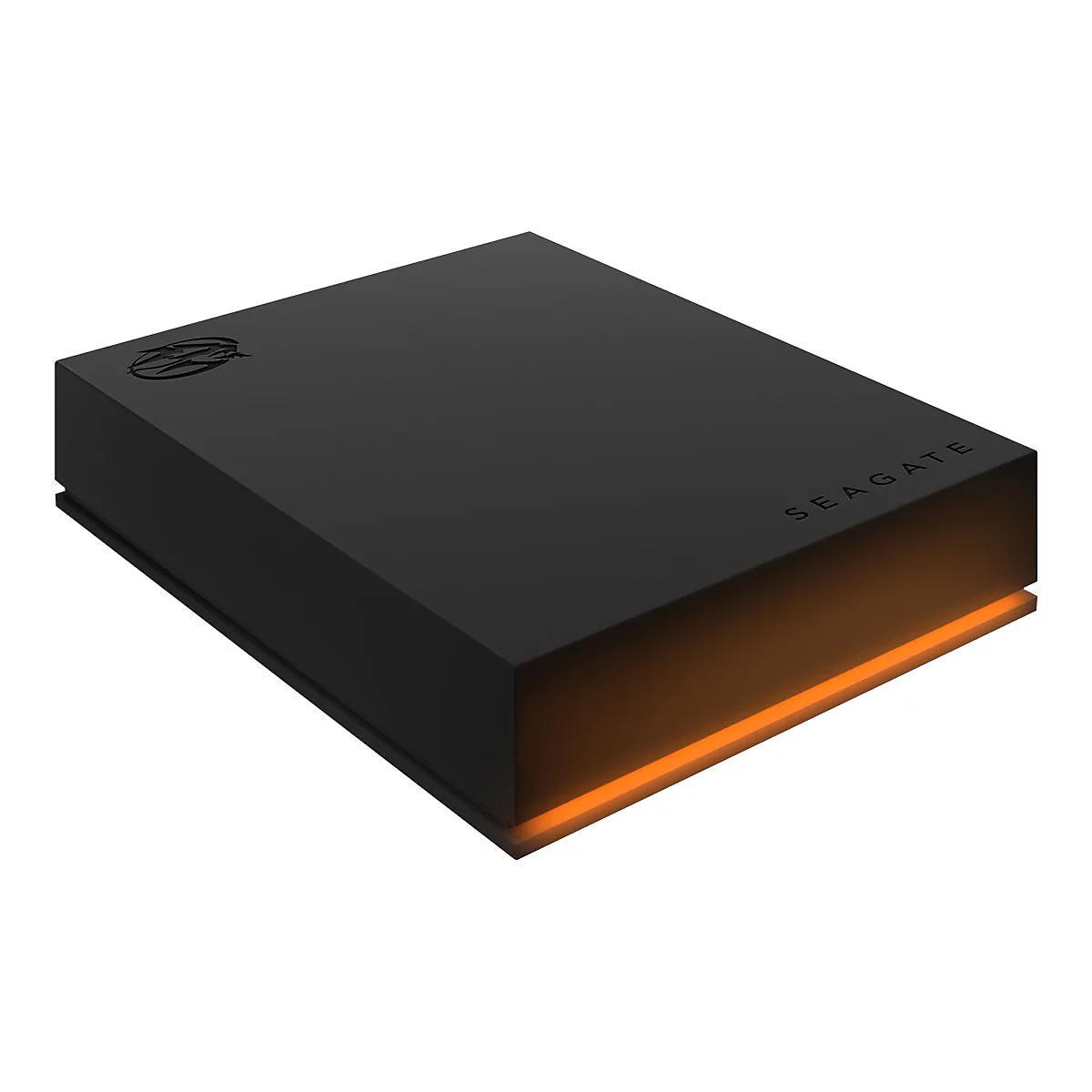 Schwarze externe Festplatte mit Seagate-Logo. Der untere Teil ist orange beleuchtet.