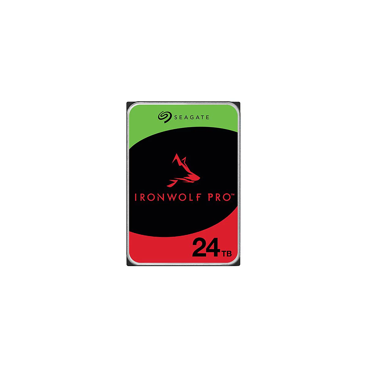 Eine Festplatte mit grünem und schwarzem Label. Auf dem Label stehen 'Seagate', 'Ironwolf Pro' und '24 TB'.