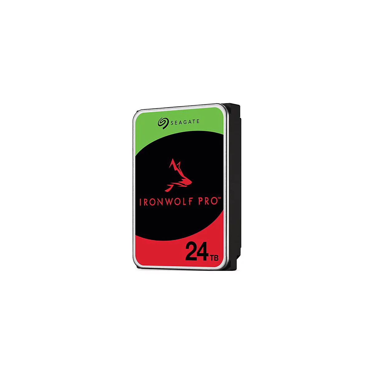 Disque dur Seagate IronWolf Pro, avec logo tête de renard rouge, fond noir et 24 To. Vert en haut.