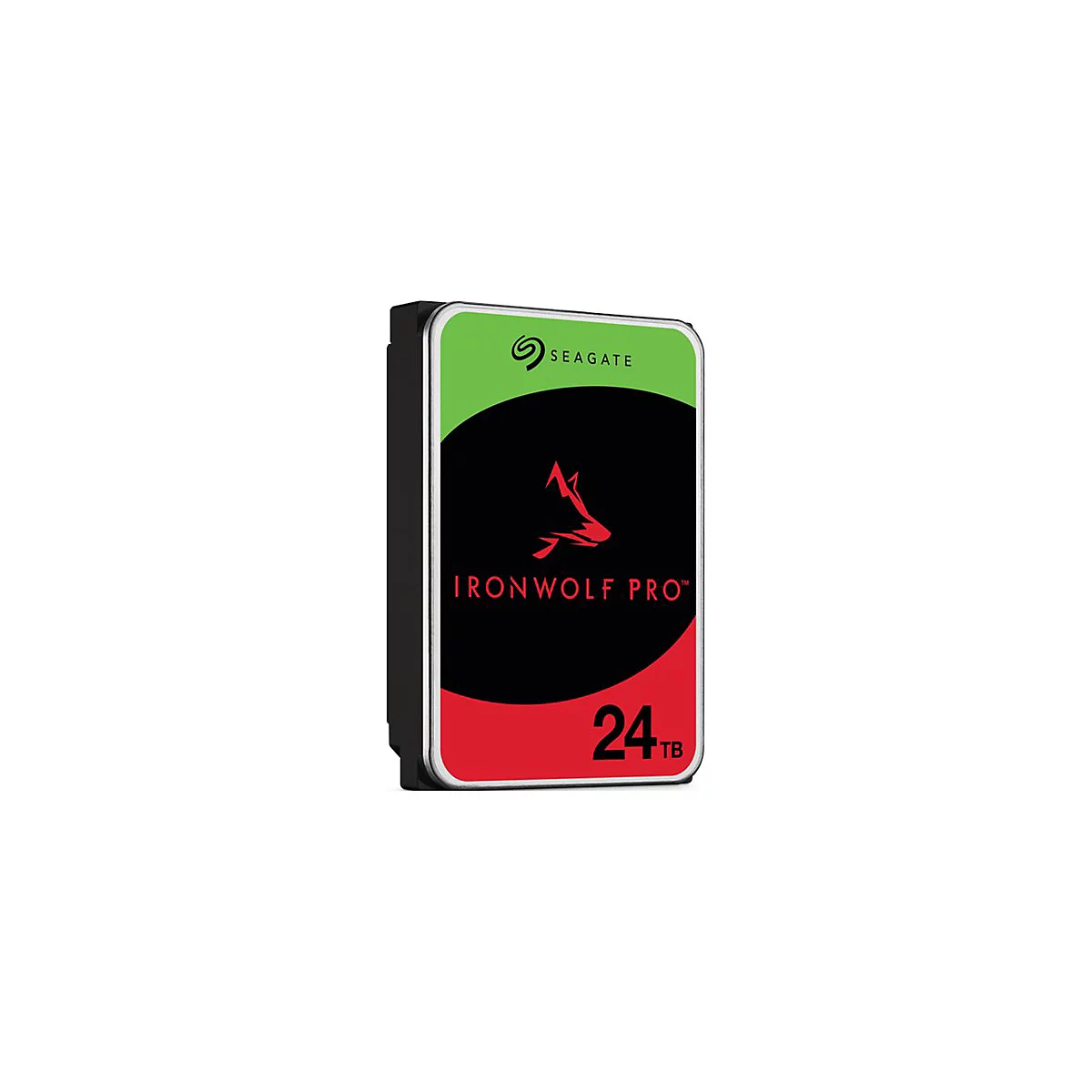 Disque dur Seagate IronWolf Pro avec logo de loup rouge, 24 To. Haut vert avec "Seagate".