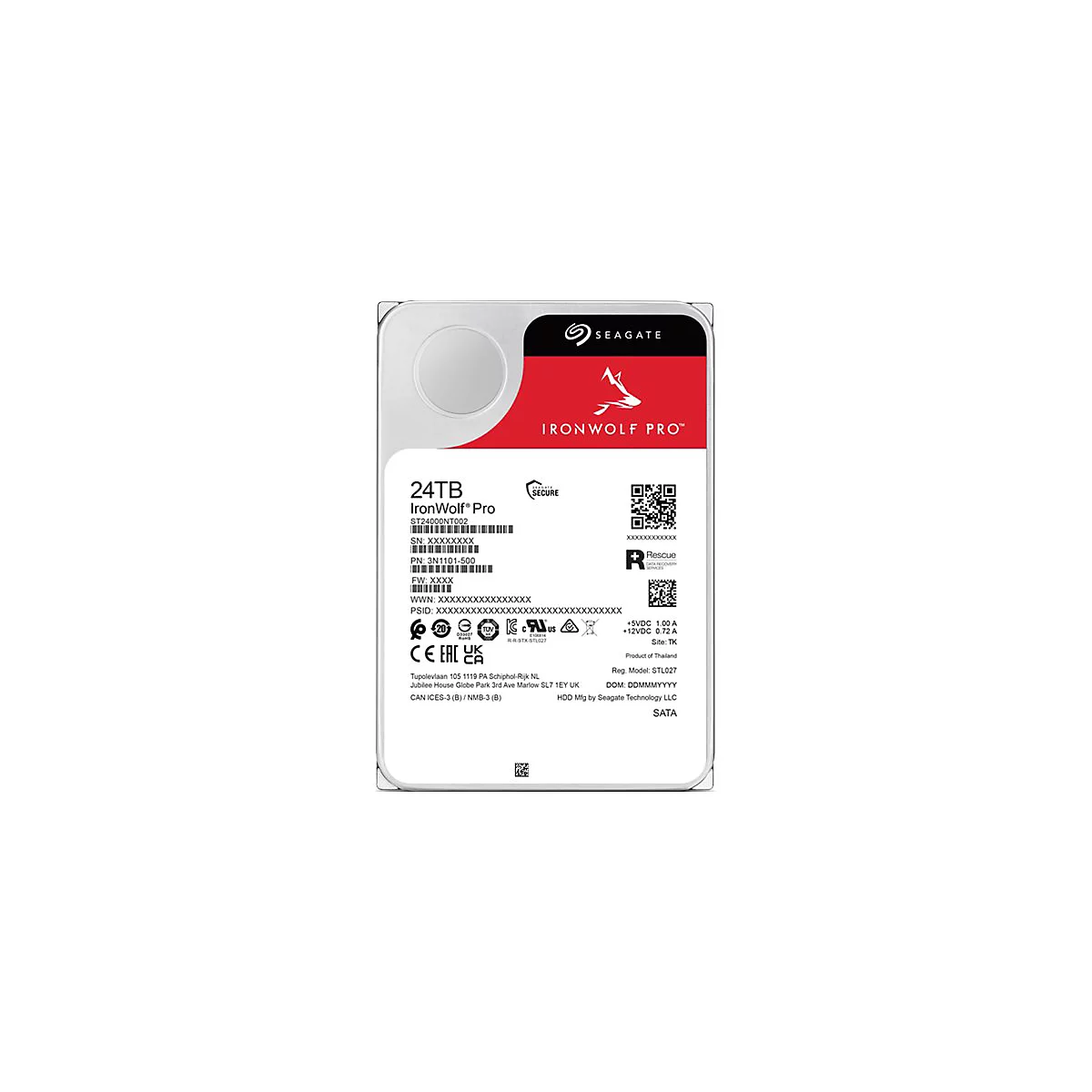 Disque dur Seagate IronWolf Pro 24TB. Boîtier blanc avec étiquette rouge, texte : IronWolf Pro, Seagate, etc.