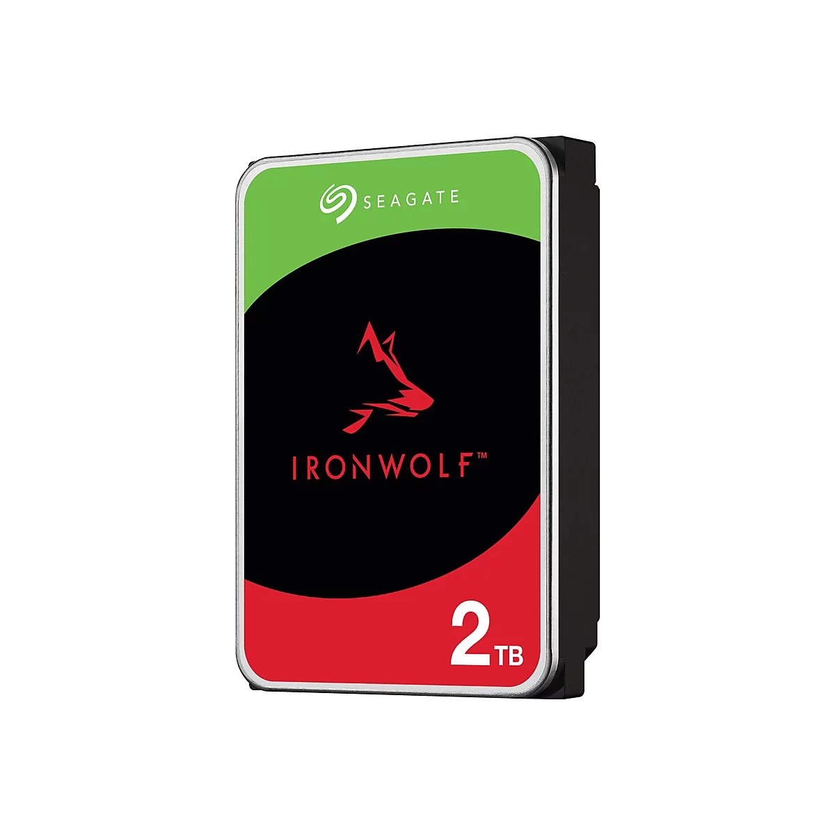 Festplatte Seagate IronWolf. Grün-schwarzes Design, rotes Wolfslogo, Schriftzug 'IRONWOLF', '2TB'.