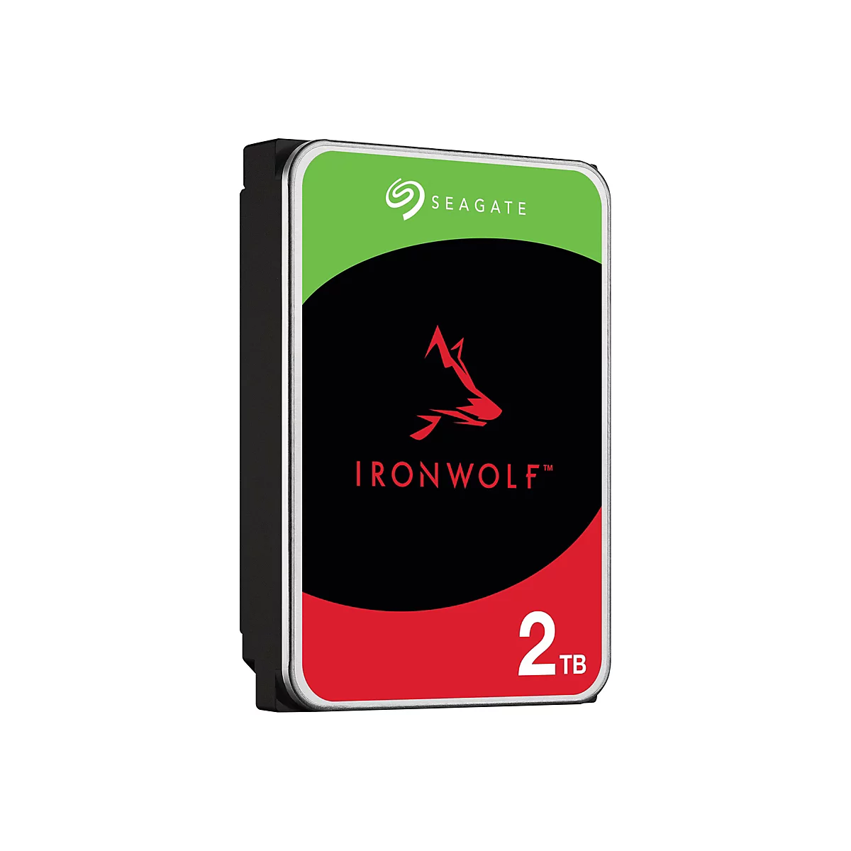 Festplatte Seagate IronWolf, schwarz, mit rotem Wolfskopf, 2 TB.