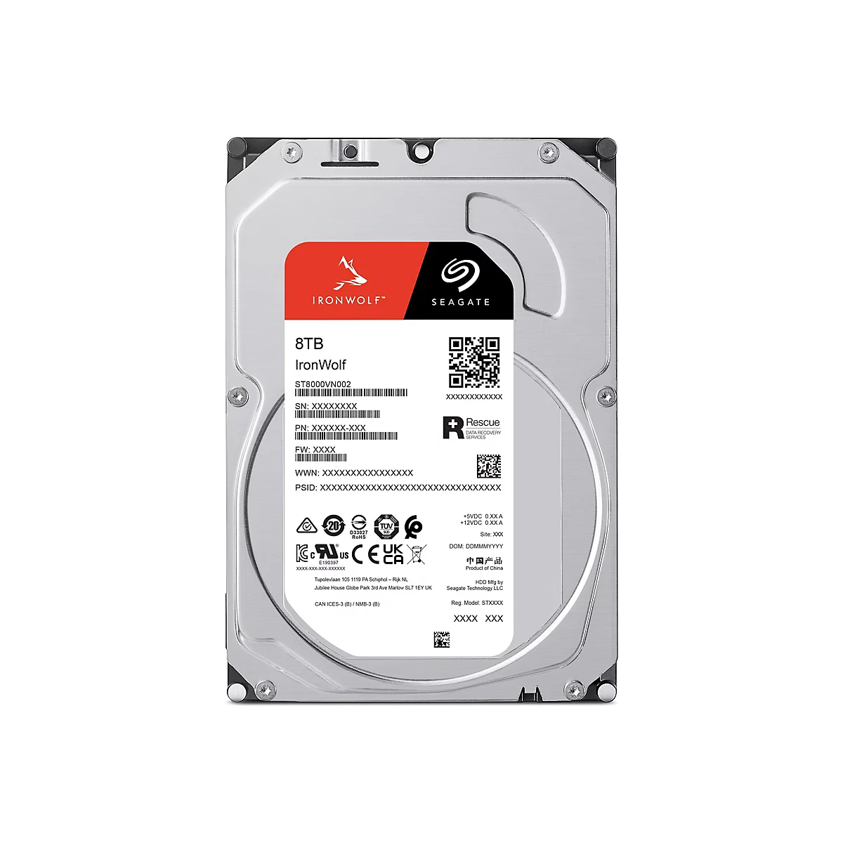 Festplatte mit rotem IronWolf-Logo und Seagate-Logo. Beschriftet mit 8TB, Seriennummern und Produktinformationen.