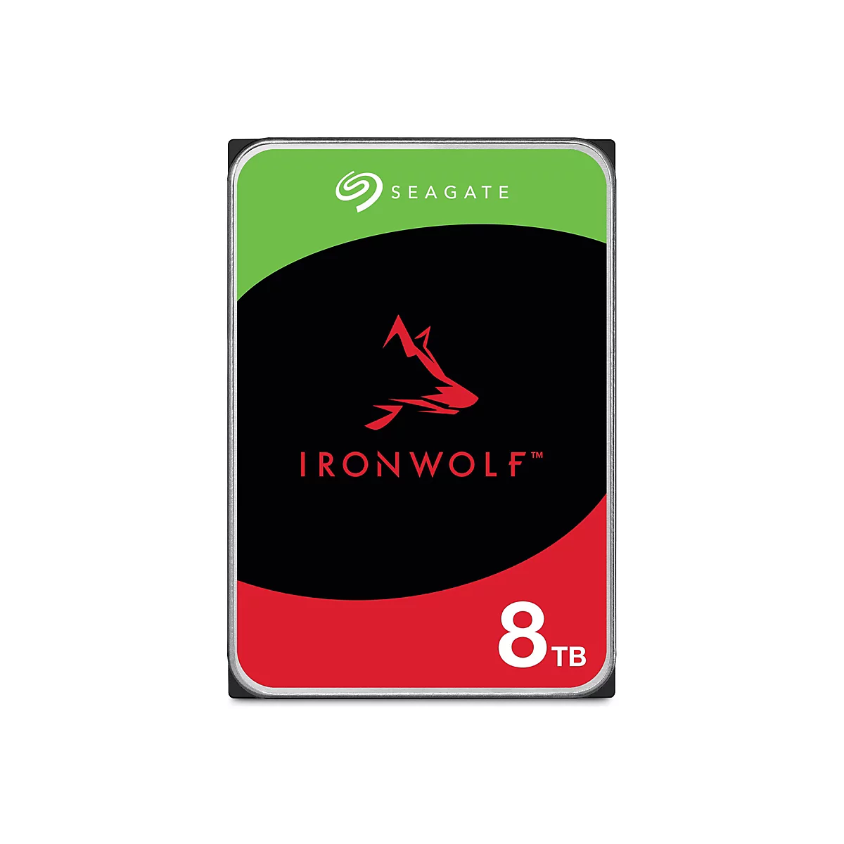 Festplatte Seagate IronWolf, grüner und schwarzer Hintergrund, rotes Wolf-Logo, Schriftzug IRONWOLF und 8TB.