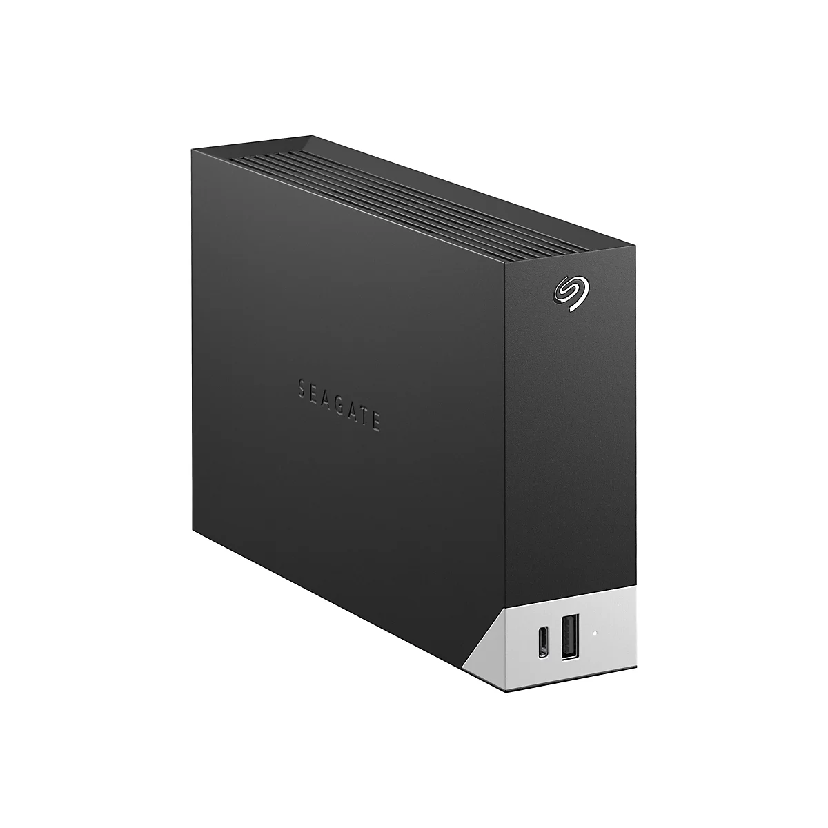 Disque dur externe noir Seagate. Dessus rainuré, lunette inférieure argentée avec ports USB. Logo Seagate.