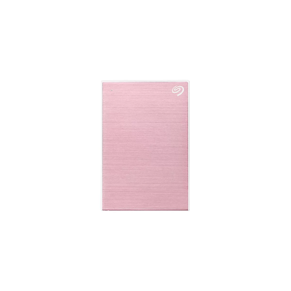 Disque dur externe rose clair, logo Seagate, cadre argenté.