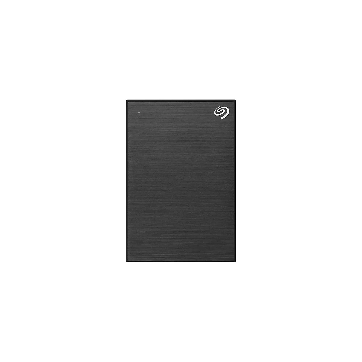 Schwarze externe Festplatte mit Seagate Logo. Gehäuse mit feiner, horizontaler Struktur. Oben links ein kleines Licht.