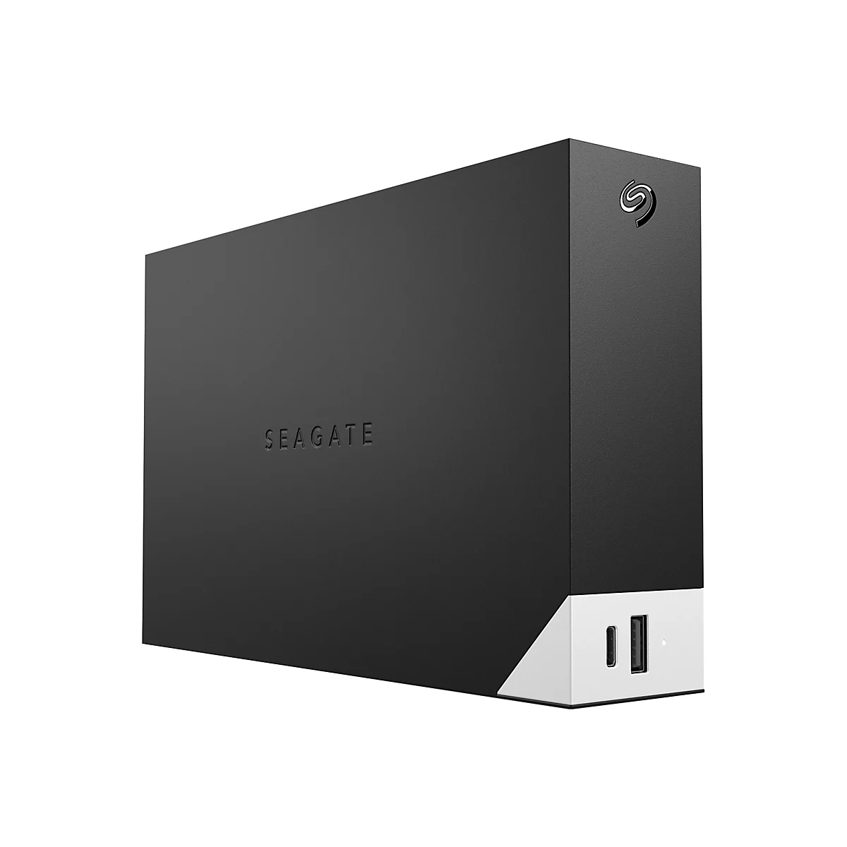 Schwarze externe Festplatte mit Seagate-Logo. Auf der Vorderseite steht der Schriftzug "SEAGATE".