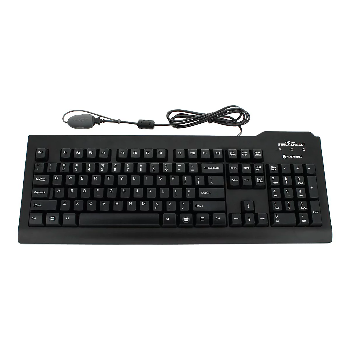 Schwarze Tastatur mit Kabel. Oben rechts steht Seal Shield.