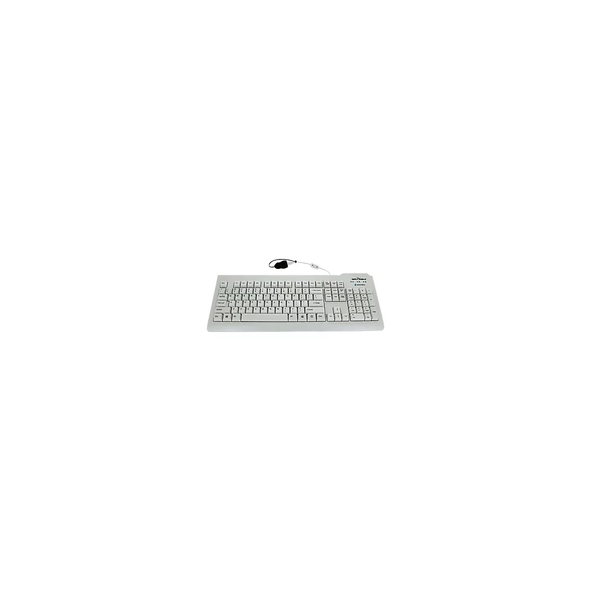 Helle Computertastatur mit Kabel, schwarzer Handgelenkschlaufe und Logo.